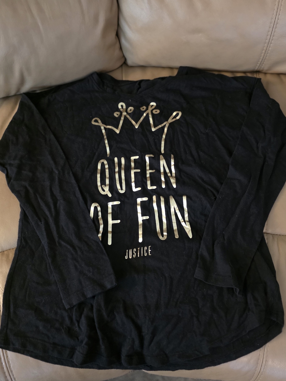 Justice Black Long-Sleeve Top with Gold "Queen of Fun" Graphic